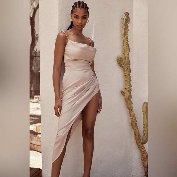 House of CB Soluna Sand Thigh Split Draped Linen Maxi Dress, xs - Picture 9 of 11